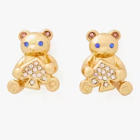NWT! Kate Spade Gold Bear Spade Rhinestone Blue Eye Earrings - Picture 1 of 8